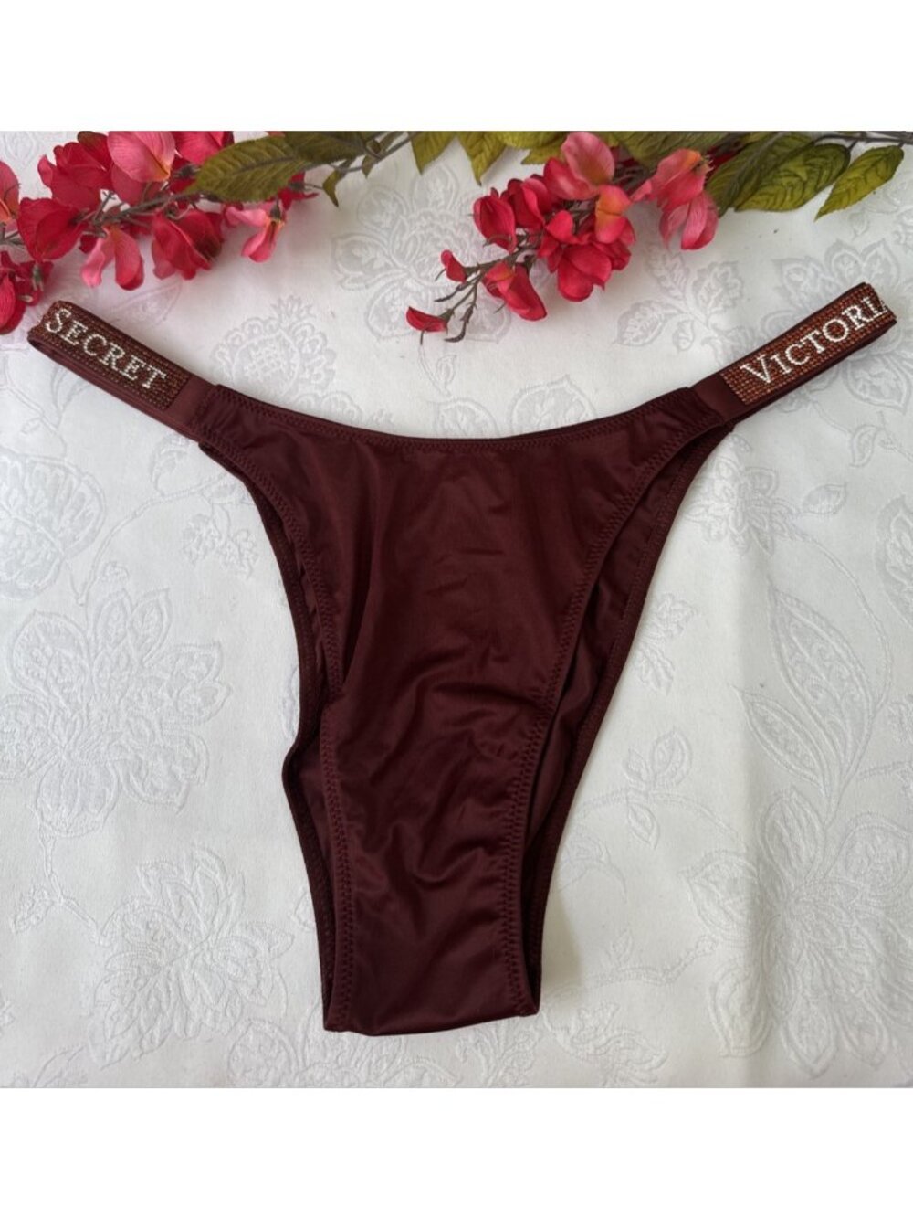VICTORIA'S SECRET L WINE VERY SEXY BRAZILIAN RHINESTONE STRAP  THONG PANTIES NWT